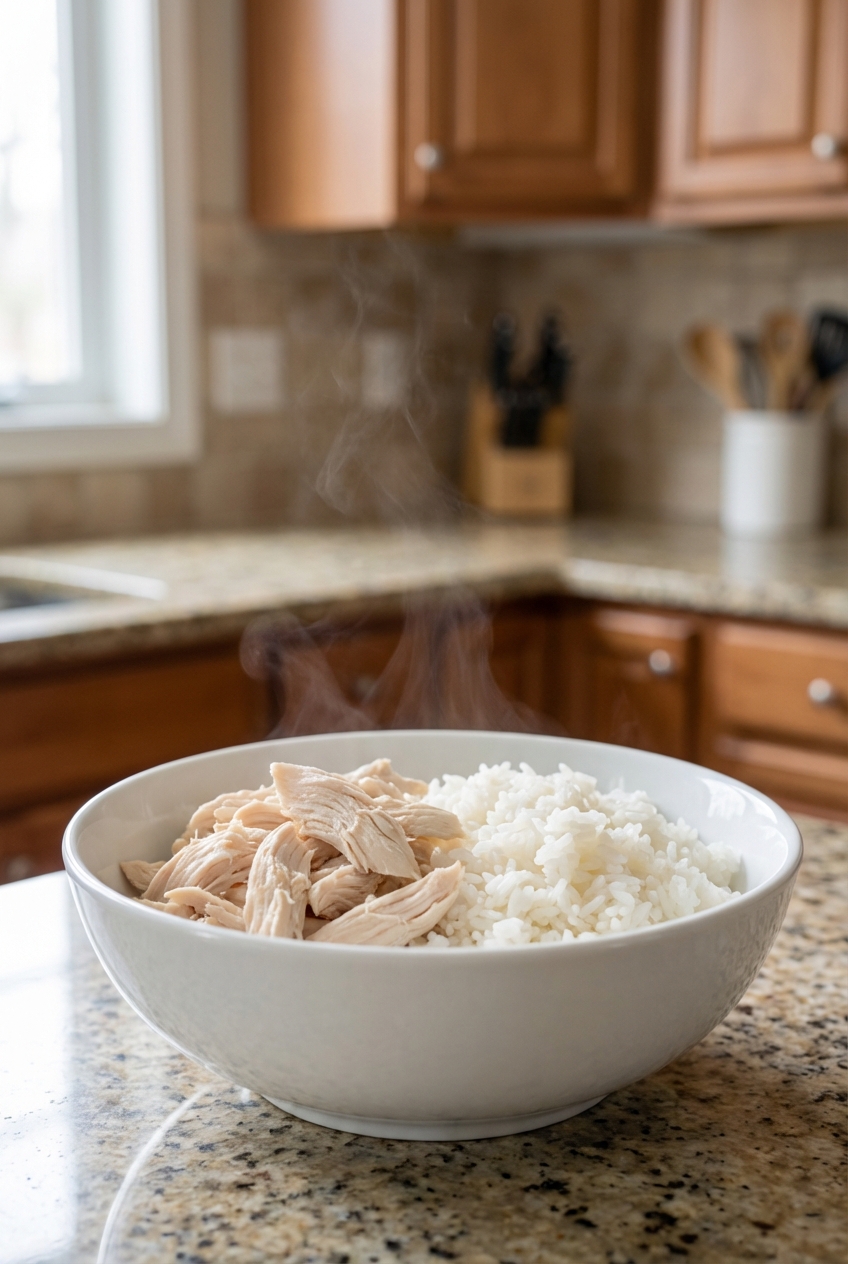 A real photo of a bowl containing plain boiled chicken and white rice on a kitchen counter
