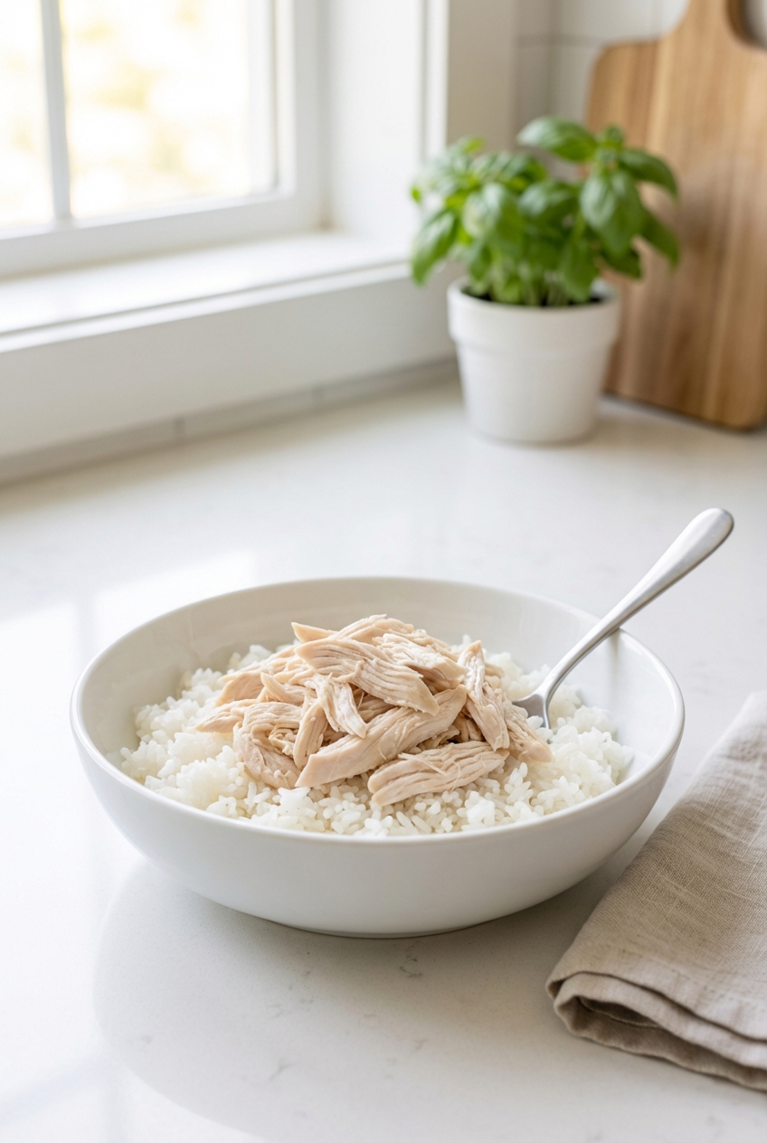 A real photo of a bowl containing plain boiled chicken and white rice on a kitchen counter