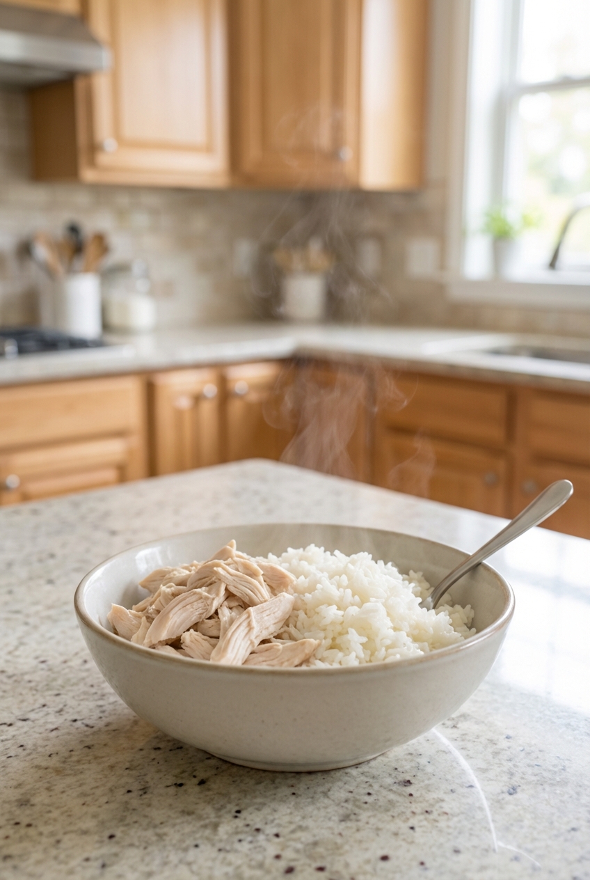 A real photo of a bowl holding plain boiled chicken and white rice on a kitchen counter