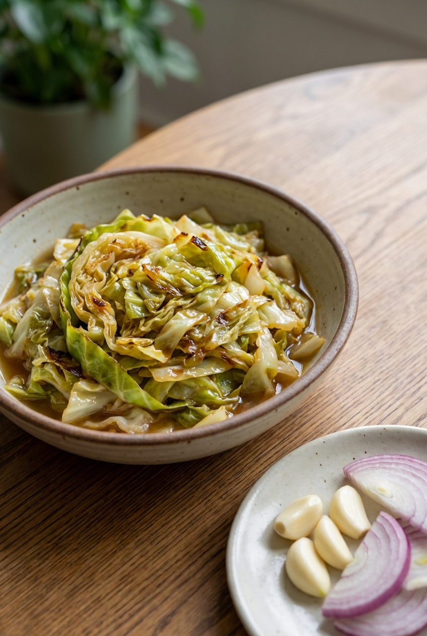A real photo of a bowl of cooked cabbage on a table next to a separate plate with garlic cloves and sliced onions
