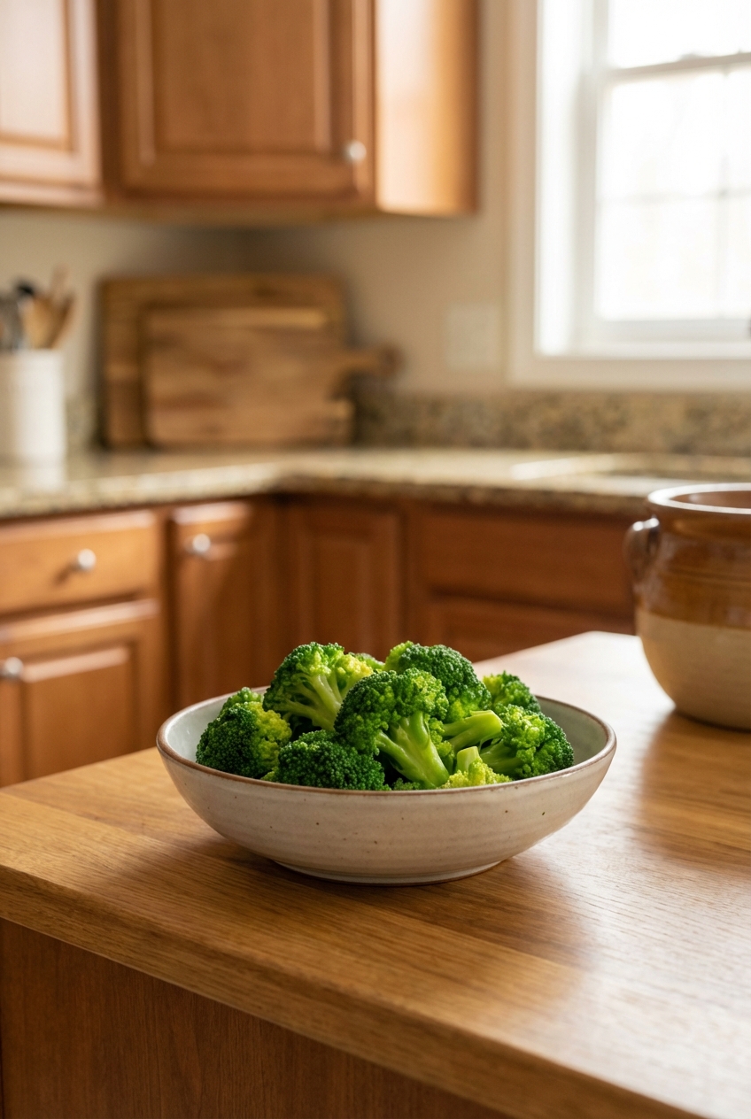 A real photo of a bowl of plain steamed broccoli florets on a kitchen counter