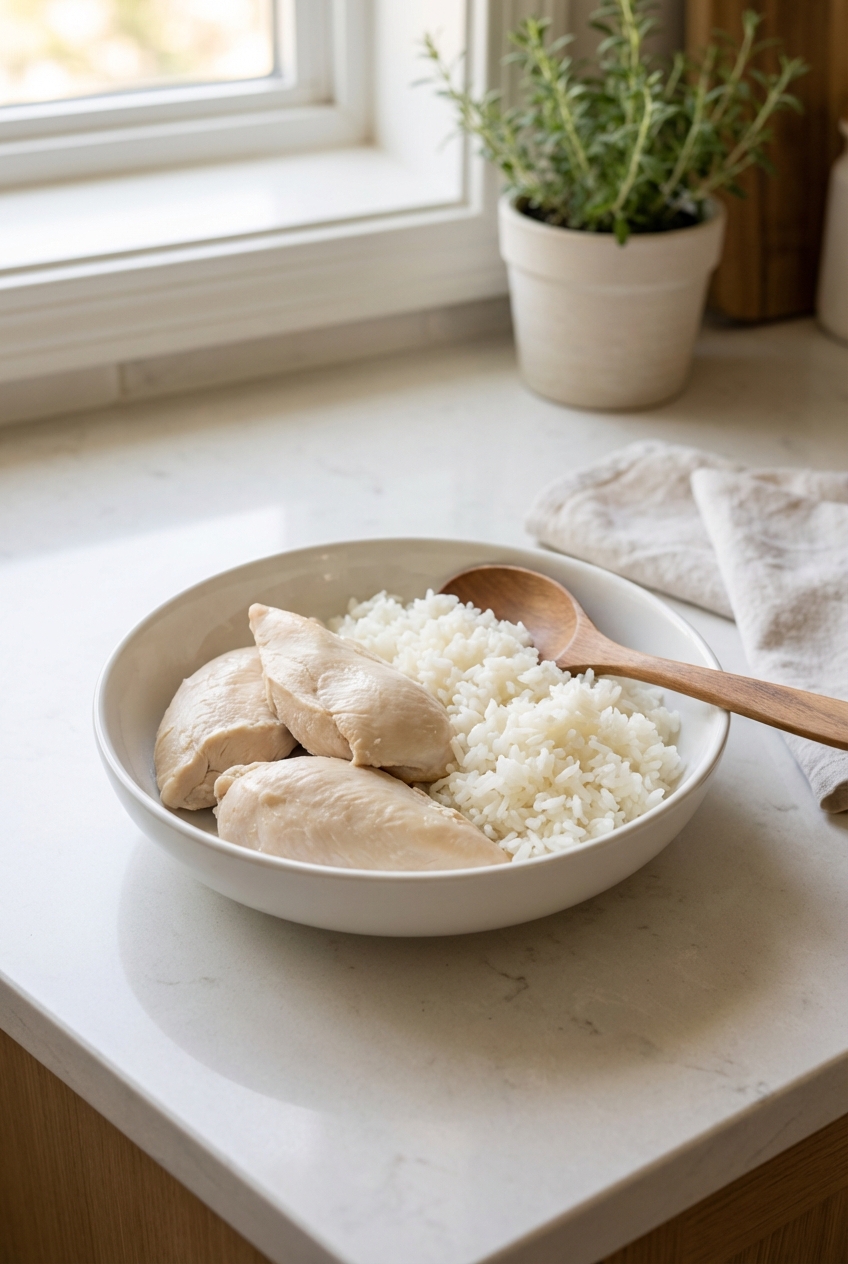 A real photo of a bowl with plain boiled chicken and white rice on a kitchen counter