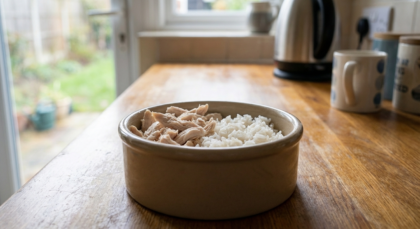A real photo of a bowl with plain boiled chicken and white rice on a kitchen counter