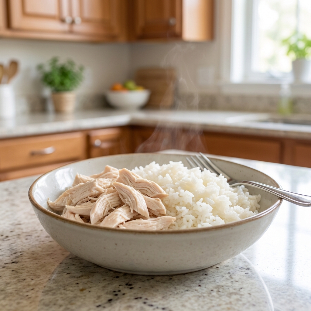 A real photo of a bowl with plain boiled chicken and white rice on a kitchen counter