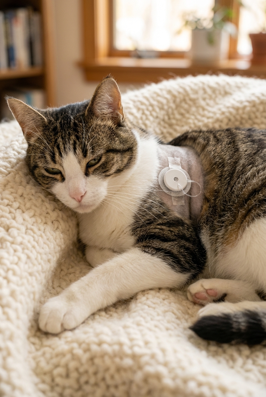A real photo of a calm cat resting on a blanket while wearing a small continuous glucose monitor patch on its side