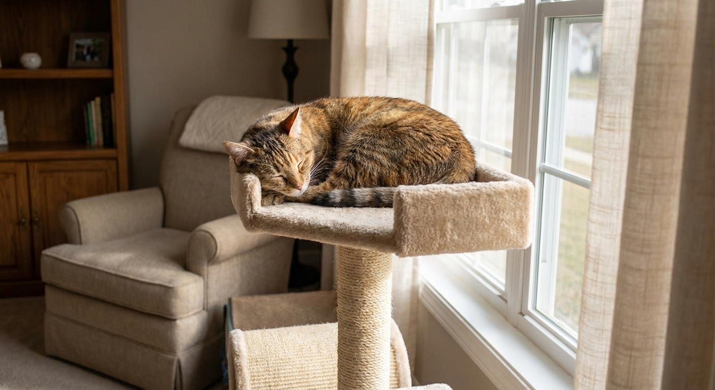 A real photo of a calm cat resting on a cat tree near a window in a quiet living room