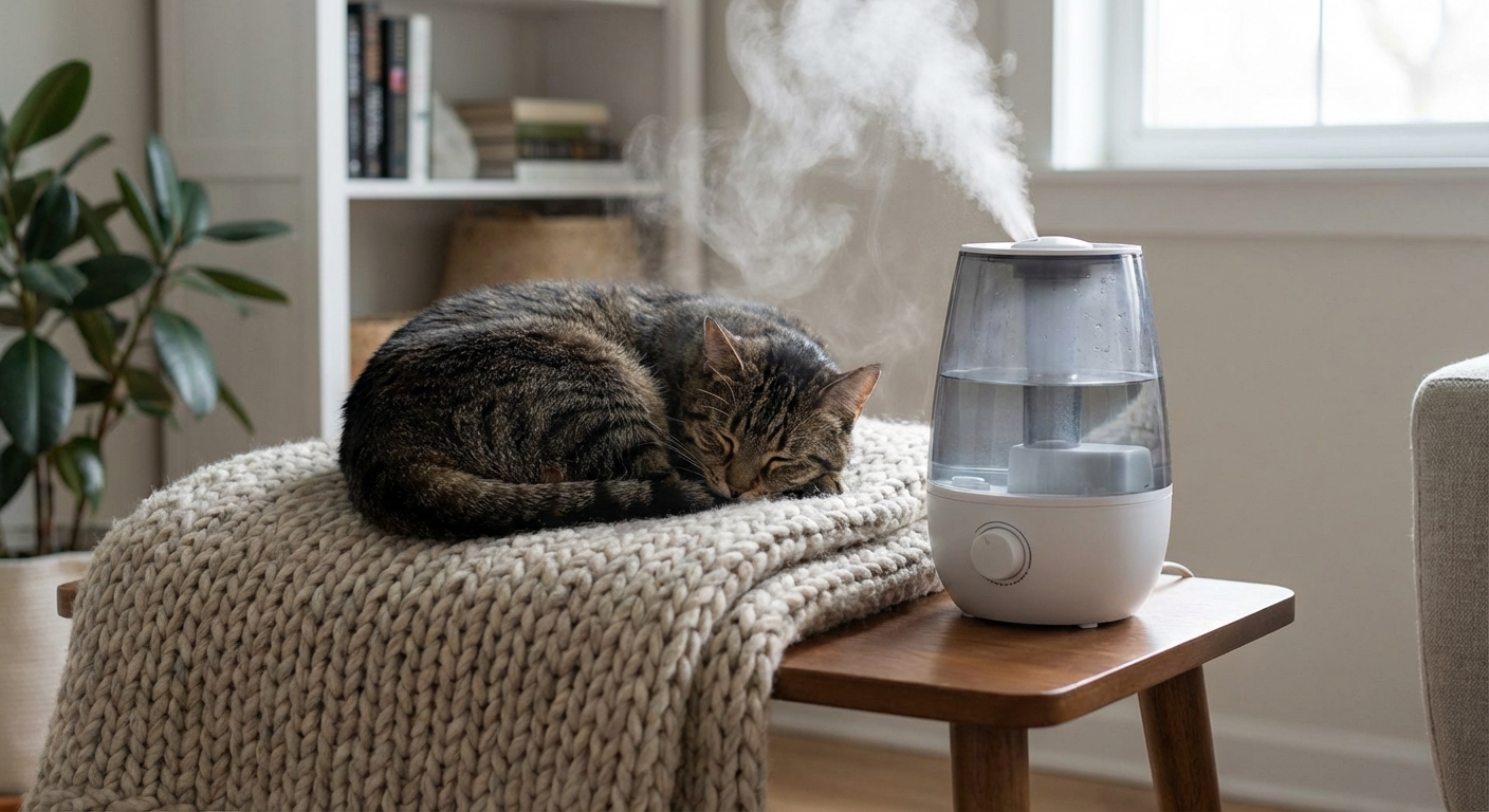 A real photo of a calm indoor cat resting on a blanket next to a running humidifier on a small table