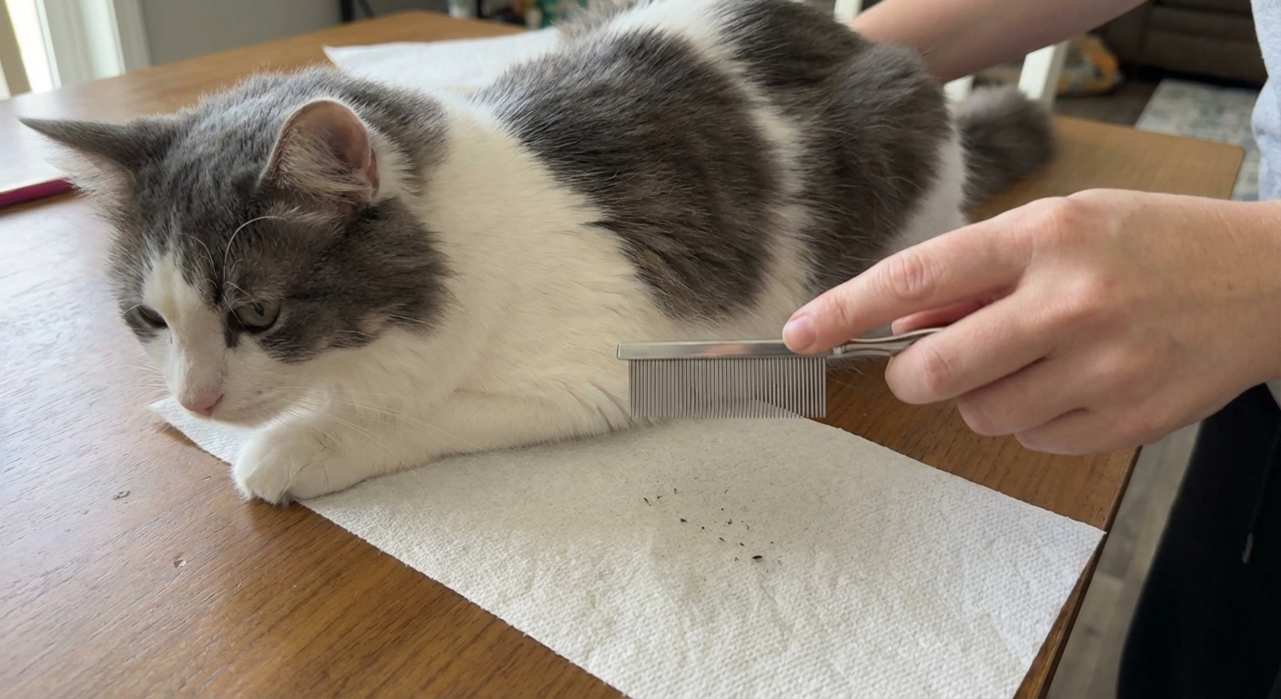 A real photo of a cat being gently combed with a flea comb over a white paper towel