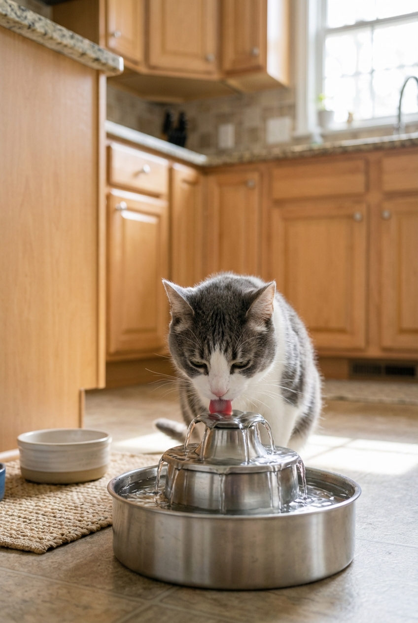 A real photo of a cat drinking from a stainless steel pet water fountain in a kitchen