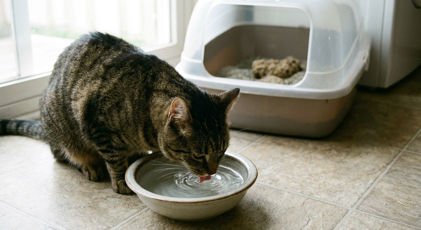 A real photo of a cat drinking from a water bowl with a full litter box visible in the background