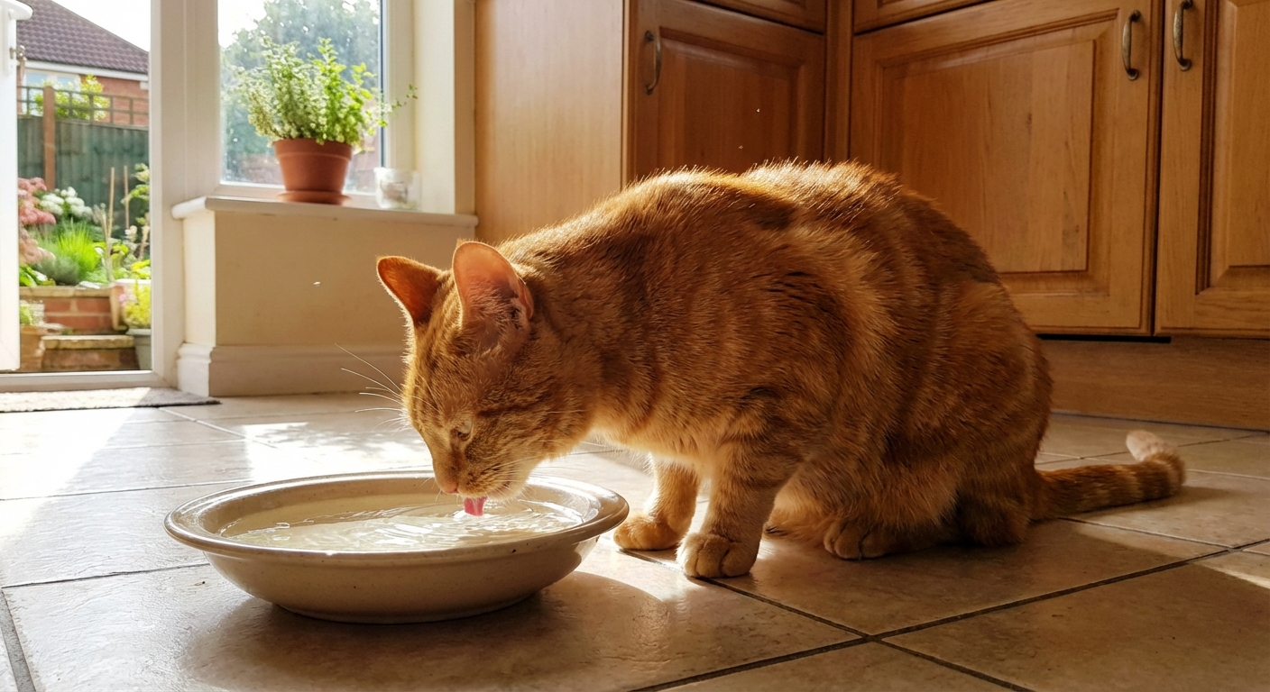 A real photo of a cat drinking water from a shallow bowl in a bright kitchen