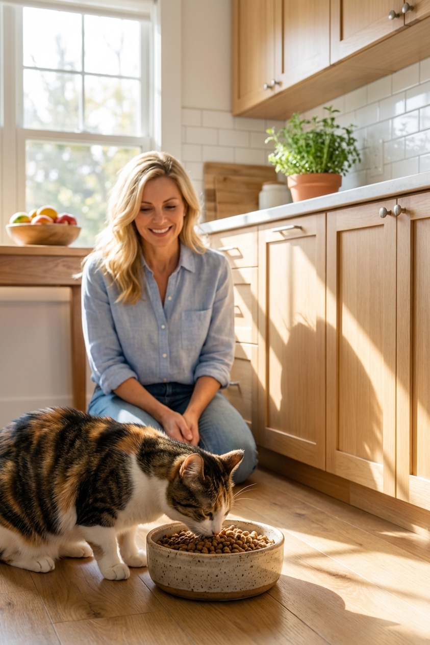 A real photo of a cat eating from a ceramic bowl in a bright kitchen
