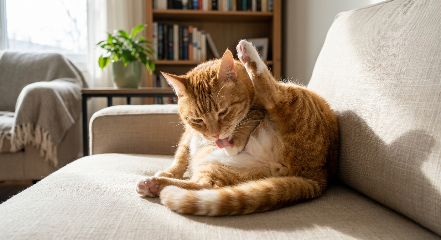 A real photo of a cat grooming its belly fur while sitting on a couch