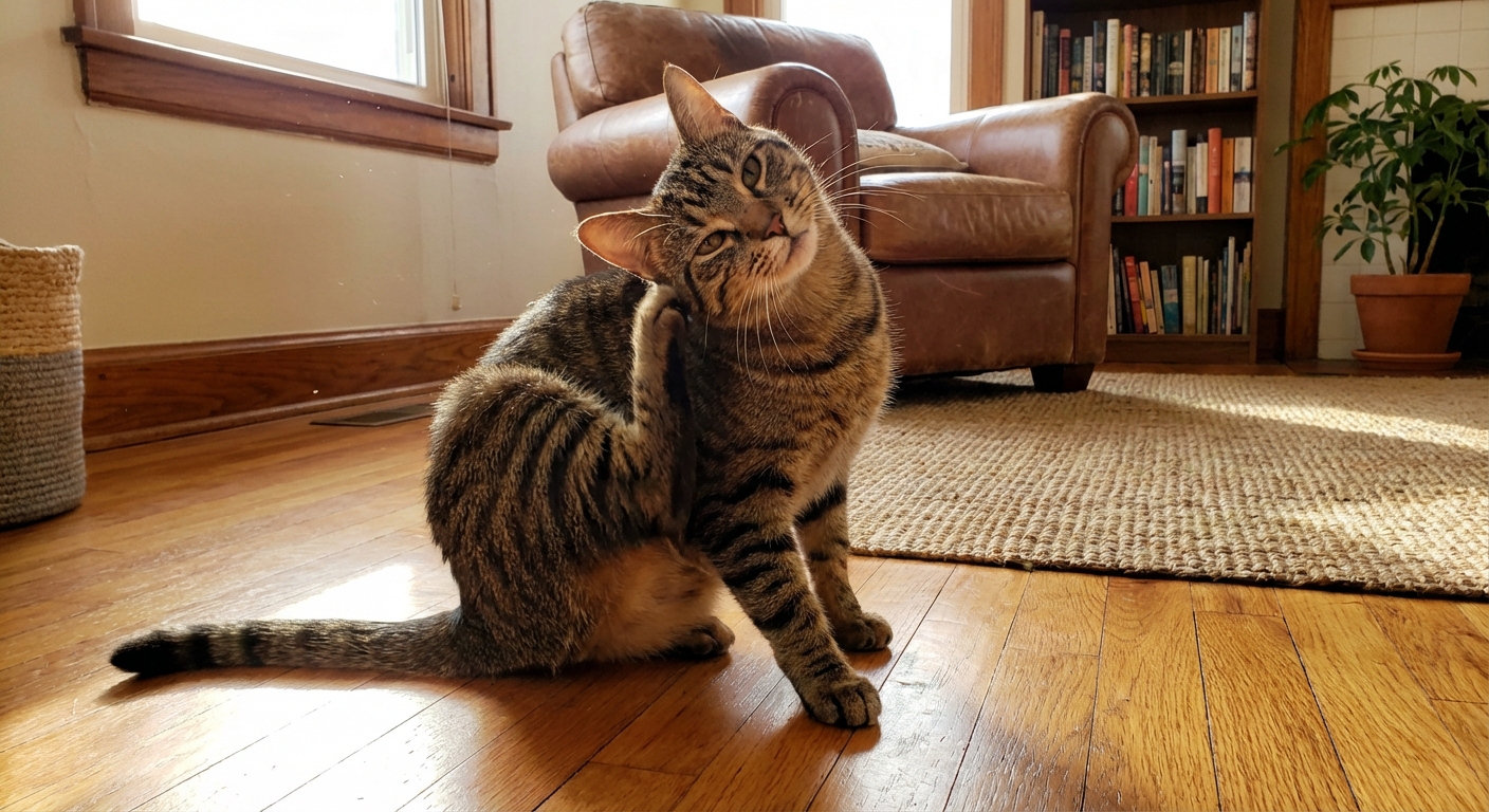 A real photo of a cat scratching its ear while sitting on a living room floor