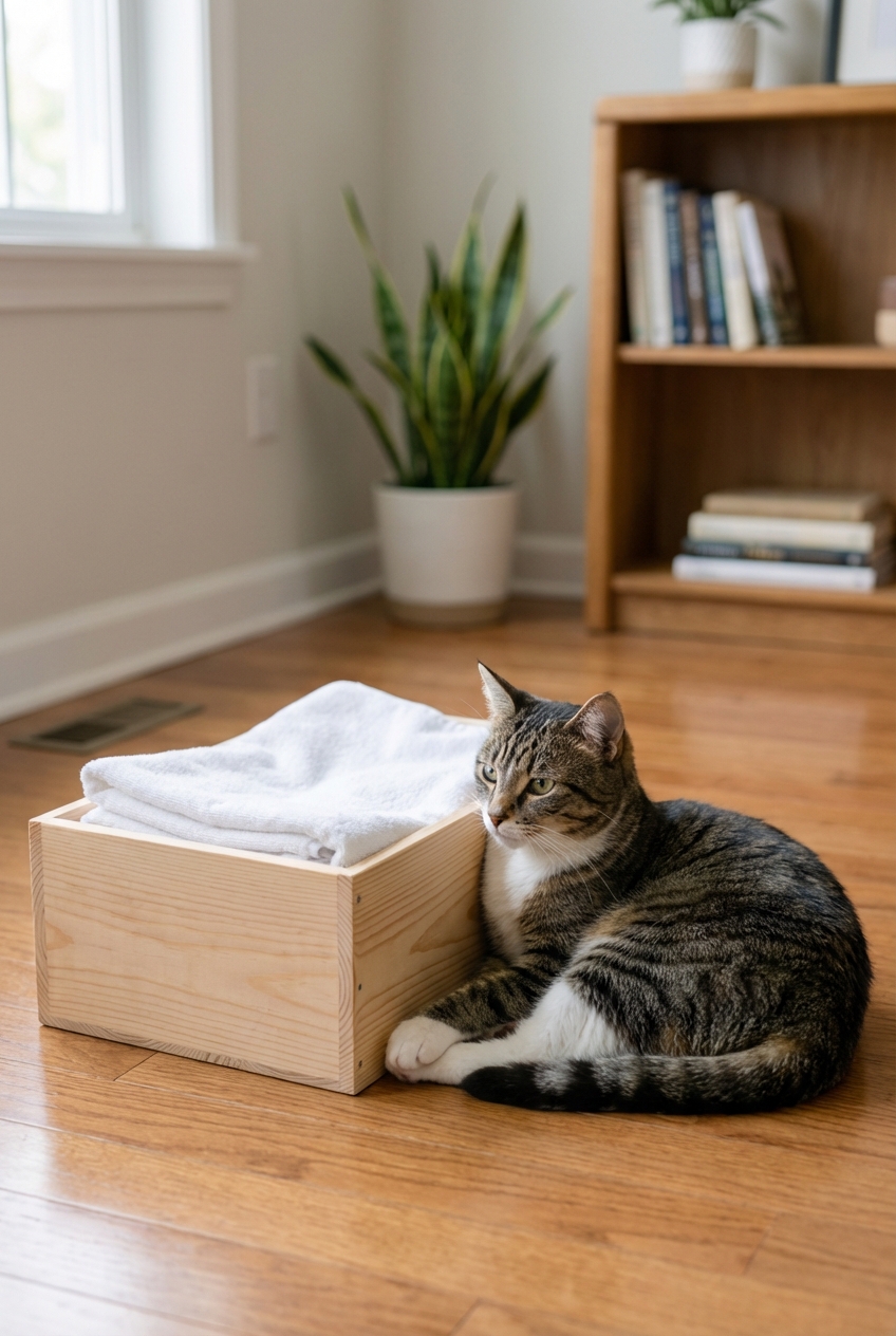 A real photo of a cat sitting beside a simple nesting box lined with clean towels in a quiet room