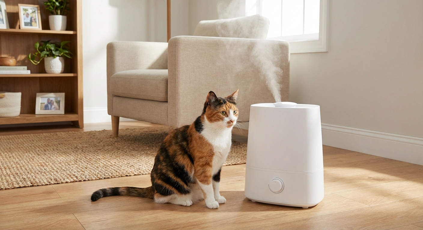 A real photo of a cat sitting calmly near a white cool-mist humidifier in a clean living room