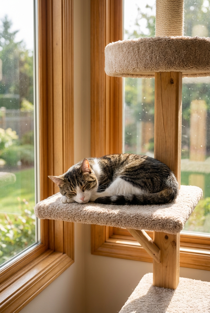 A real photo of a cat sitting in a cat tree near a window with sunlight