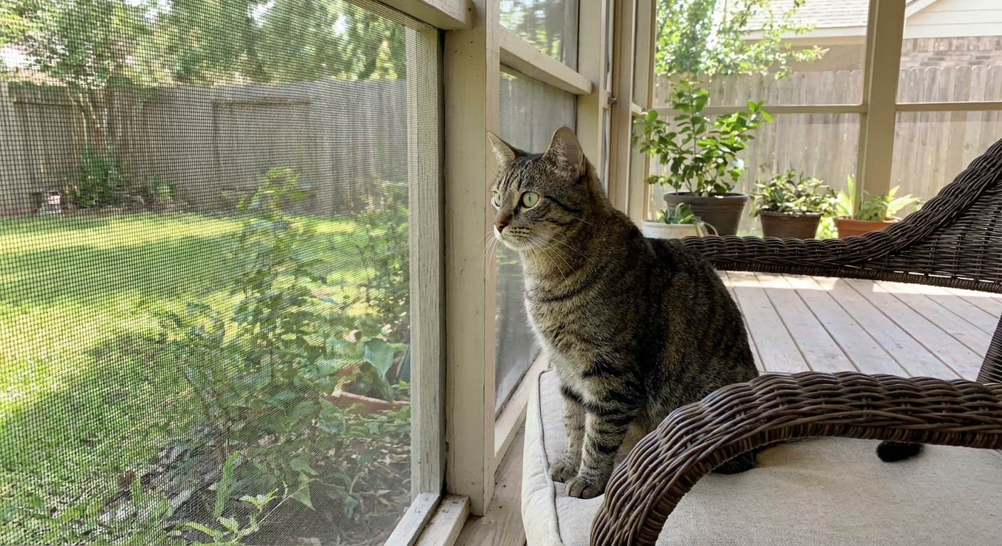 A real photo of a cat sitting inside a screened porch looking outside during daytime