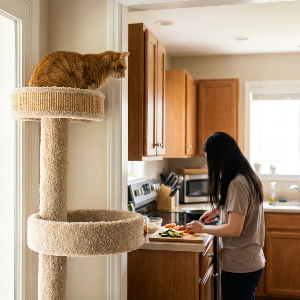 A real photo of a cat sitting on a tall cat tree positioned near a kitchen doorway, watching a person in the kitchen