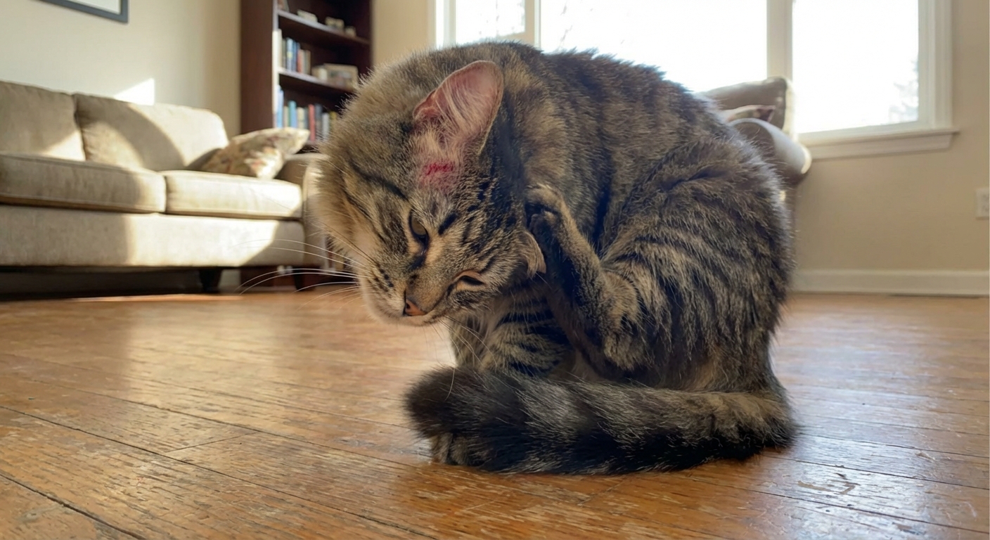 A real photo of a cat sitting with one ear scratched and slightly red while looking uncomfortable