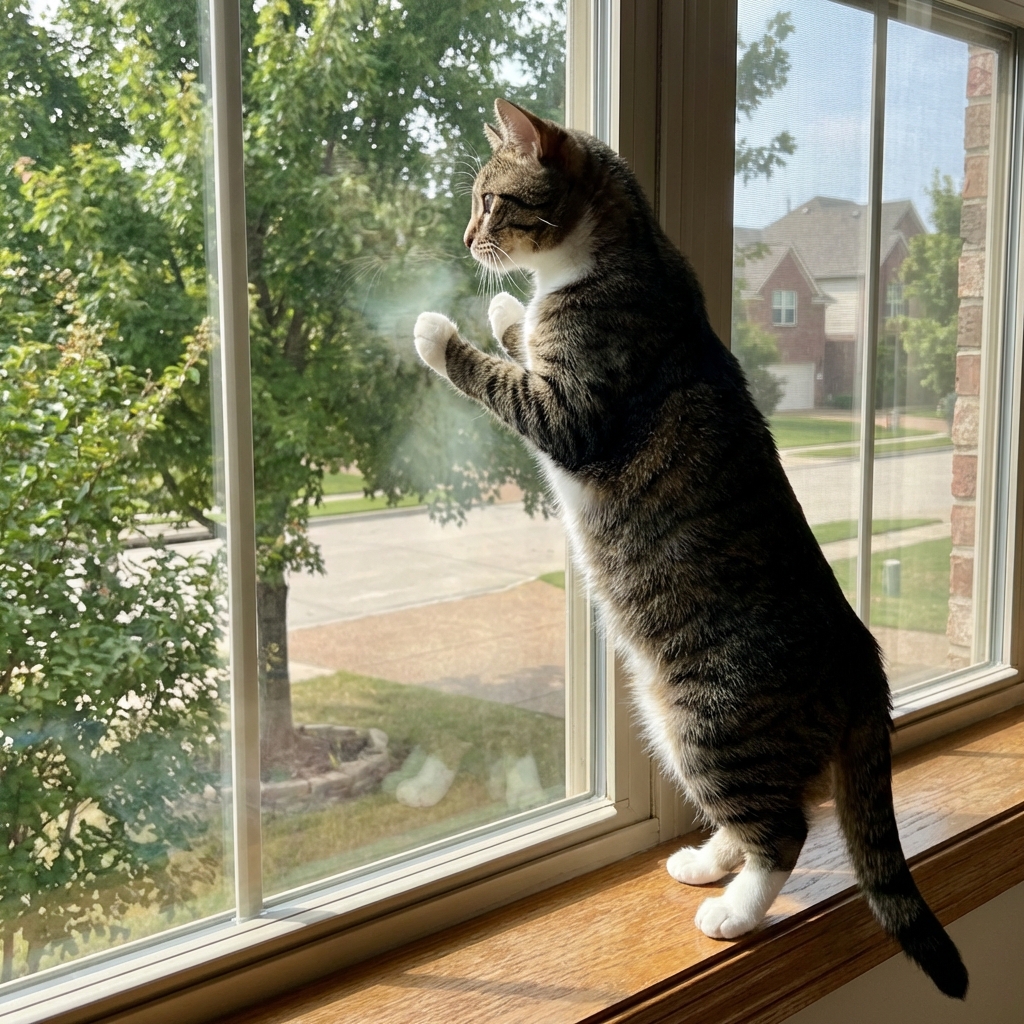 A real photo of a cat standing at a closed window looking outside in daylight
