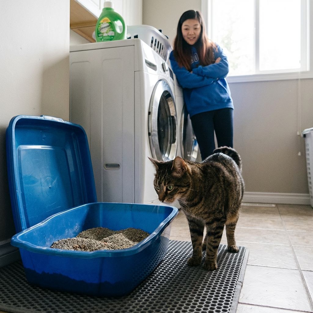 A real photo of a cat standing near a litter box while a person in the background observes