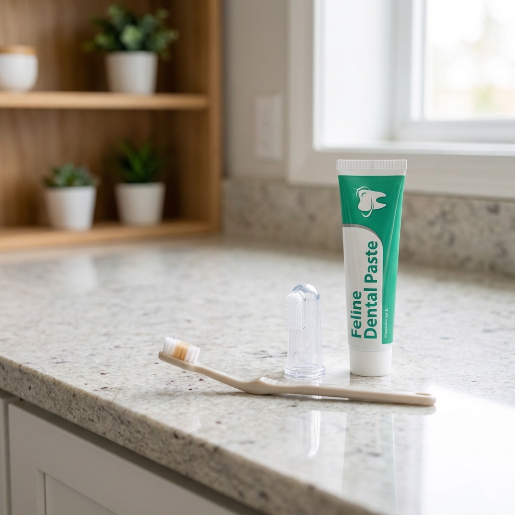 A real photo of a cat toothbrush, a finger brush, and a tube of cat toothpaste placed on a kitchen counter