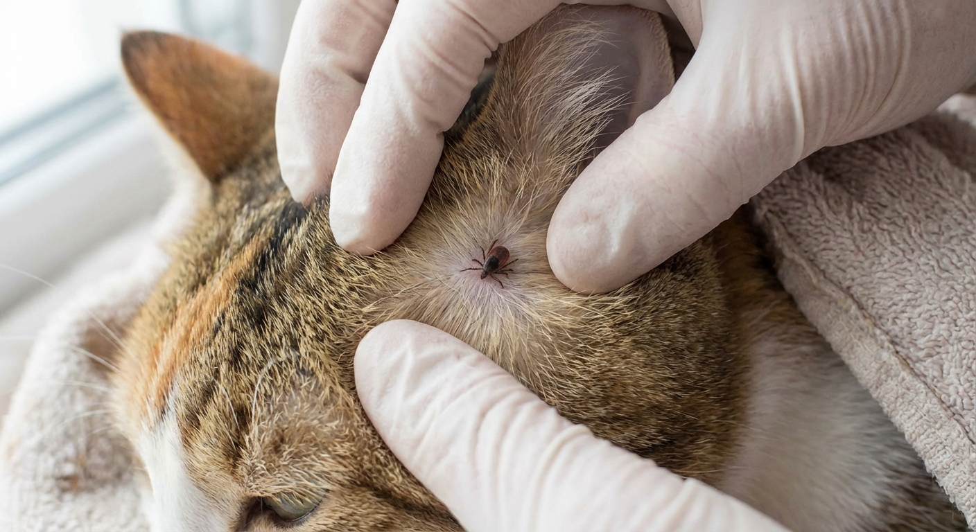 A real photo of a cat's parted fur with a small tick visible near the skin under bright lighting