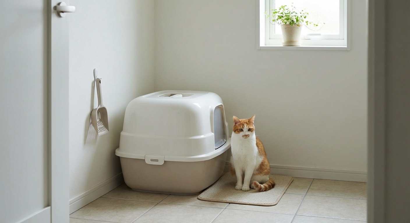 A real photo of a clean litter box setup in a quiet room with a cat nearby