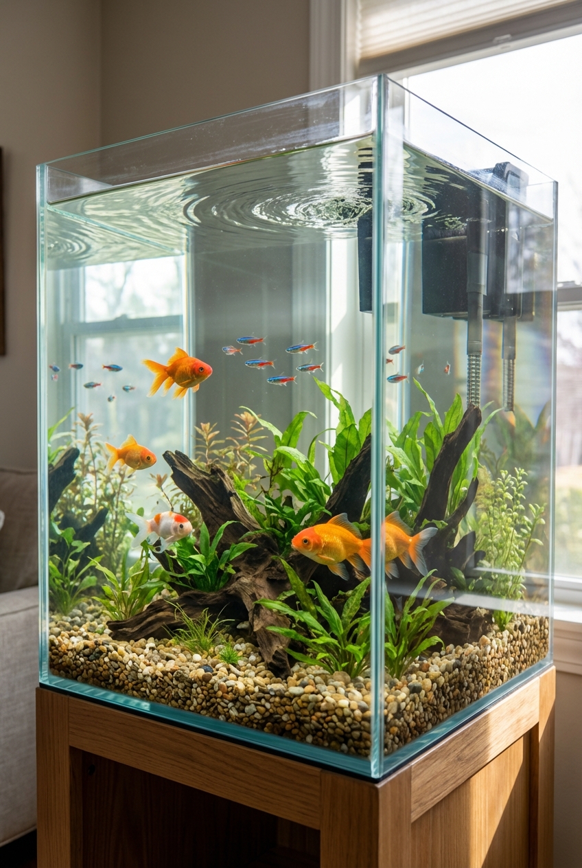 A real photo of a clear freshwater aquarium with healthy fish swimming and a visible filter output ripple