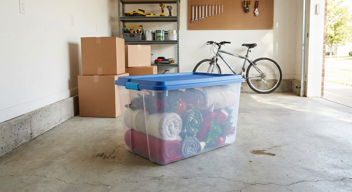 A real photo of a clear plastic storage tote with a tight lid in a garage, with cardboard boxes moved away from the wall