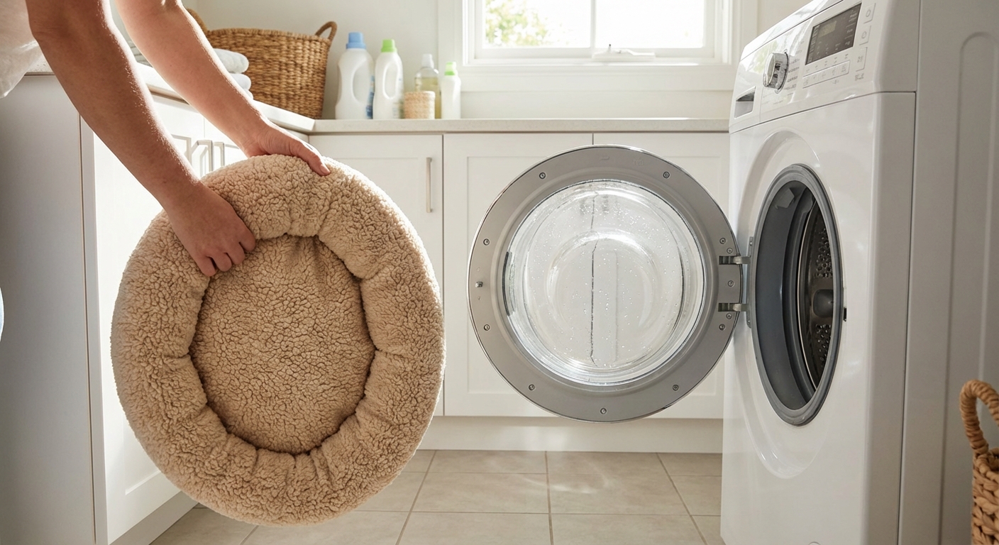 A real photo of a cozy pet bed being placed into a washing machine in a bright laundry room
