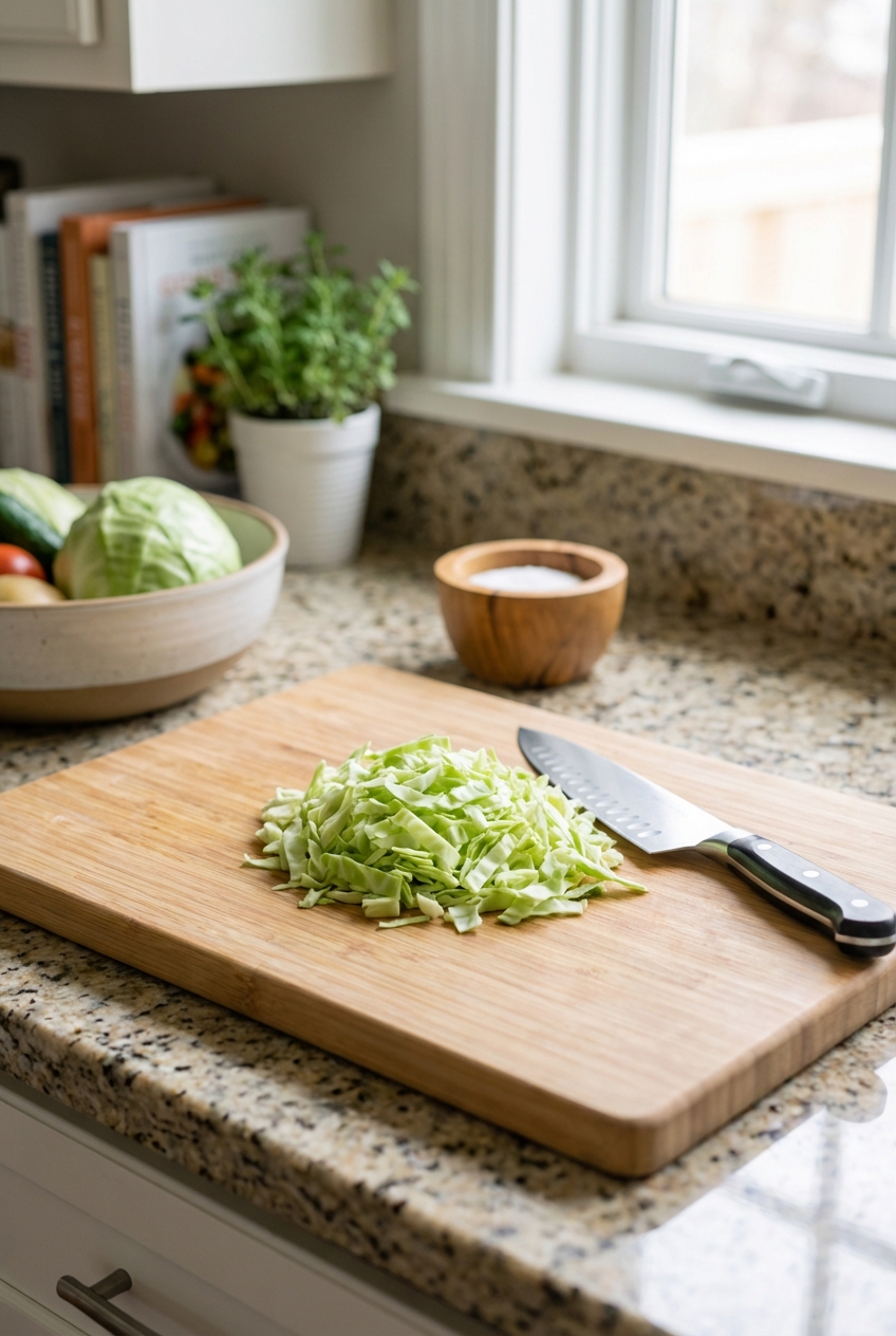 A real photo of a cutting board on a kitchen counter with finely chopped cabbage in a small pile