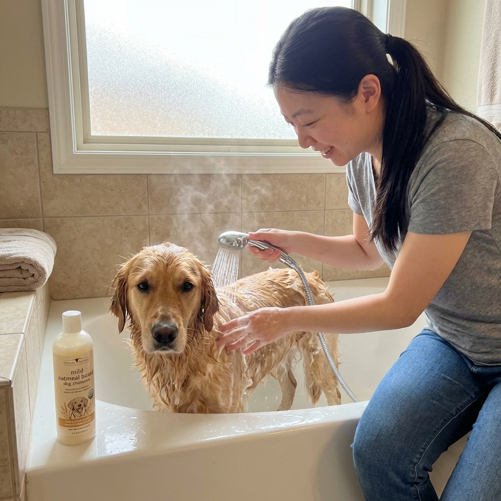 A real photo of a dog being gently bathed in a bathtub with a handheld sprayer and mild shampoo