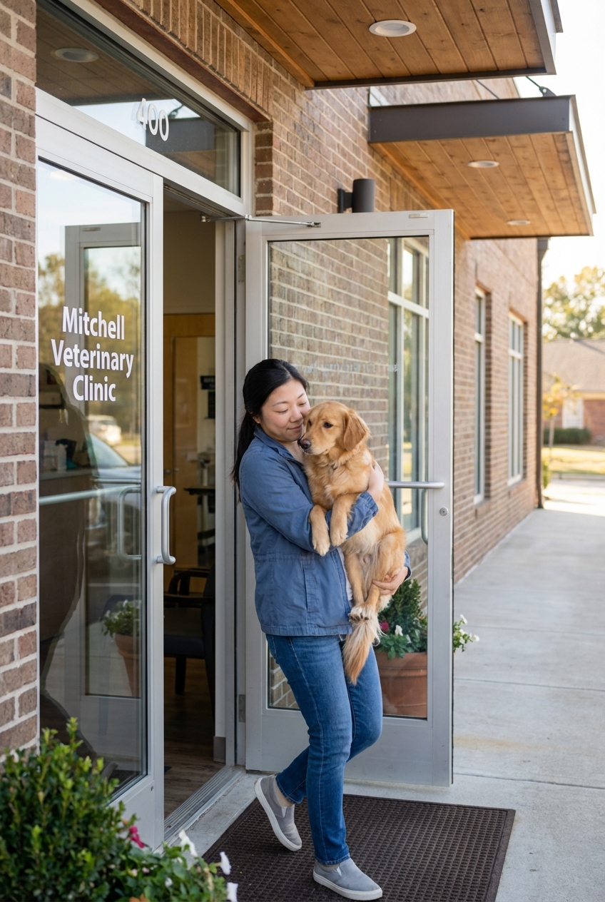A real photo of a dog being gently carried into a veterinary clinic entrance