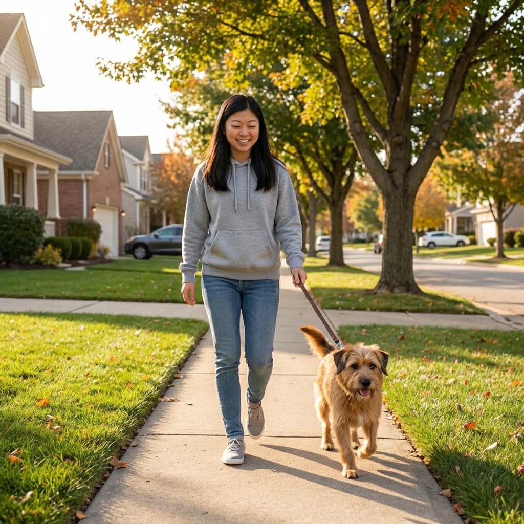 A real photo of a dog being walked on a leash by its owner on a neighborhood sidewalk