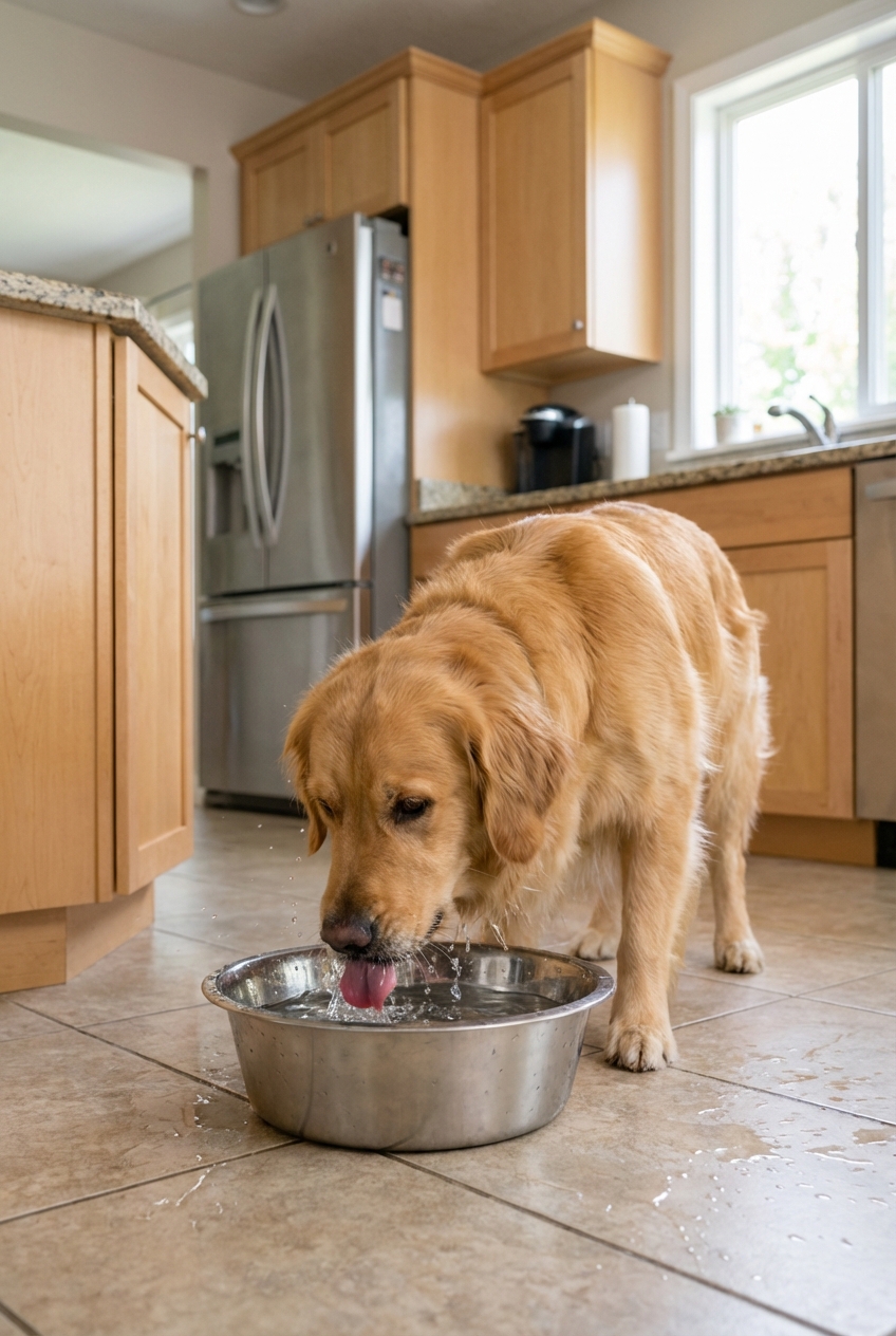 A real photo of a dog drinking water from a stainless steel bowl in a kitchen