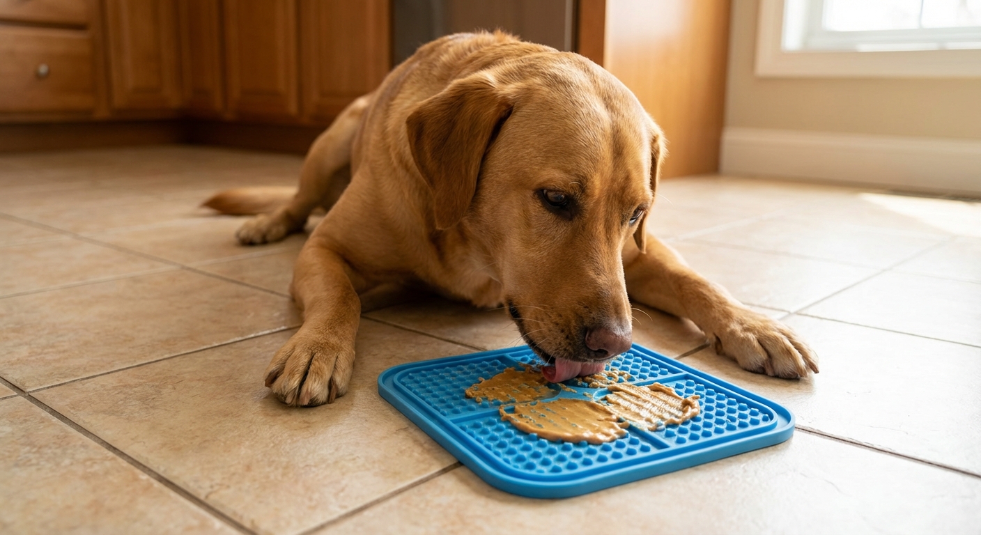 A real photo of a dog licking a silicone lick mat on a kitchen tile floor