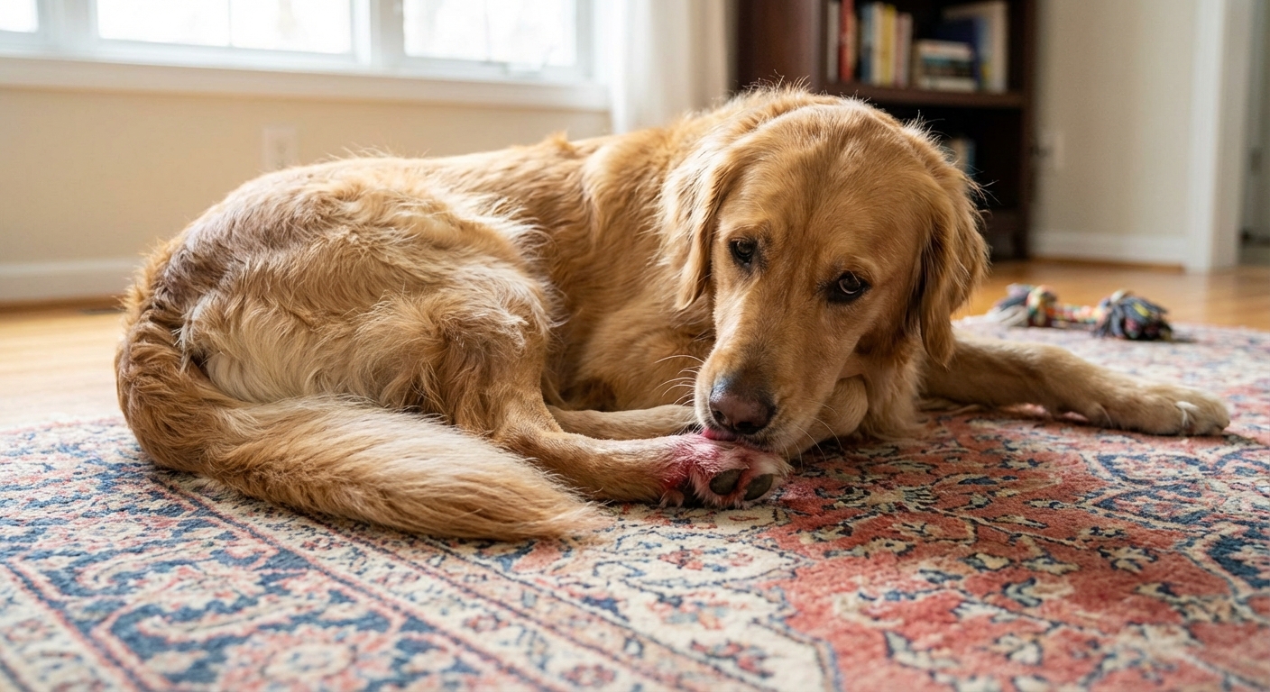 A real photo of a dog licking a slightly red paw while lying on a rug