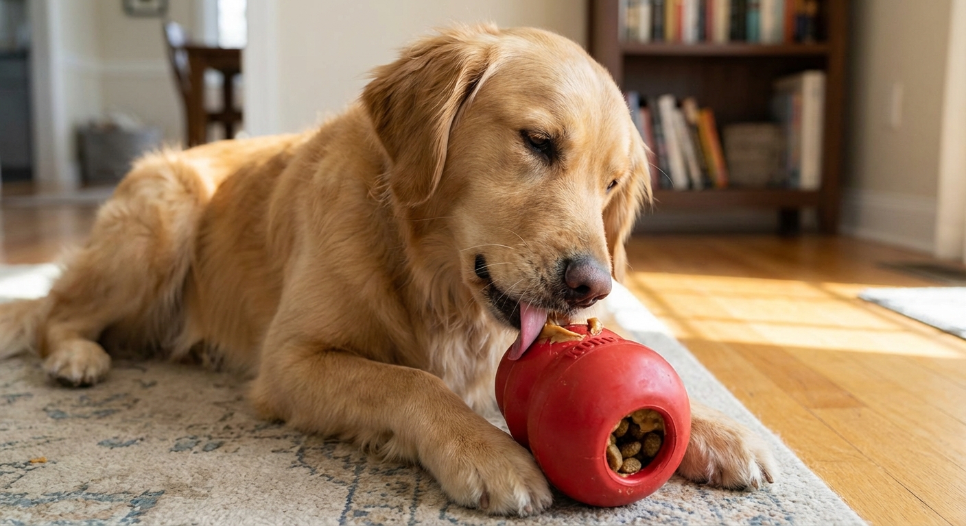 A real photo of a dog licking a stuffed rubber toy with a small amount of food visible at the opening