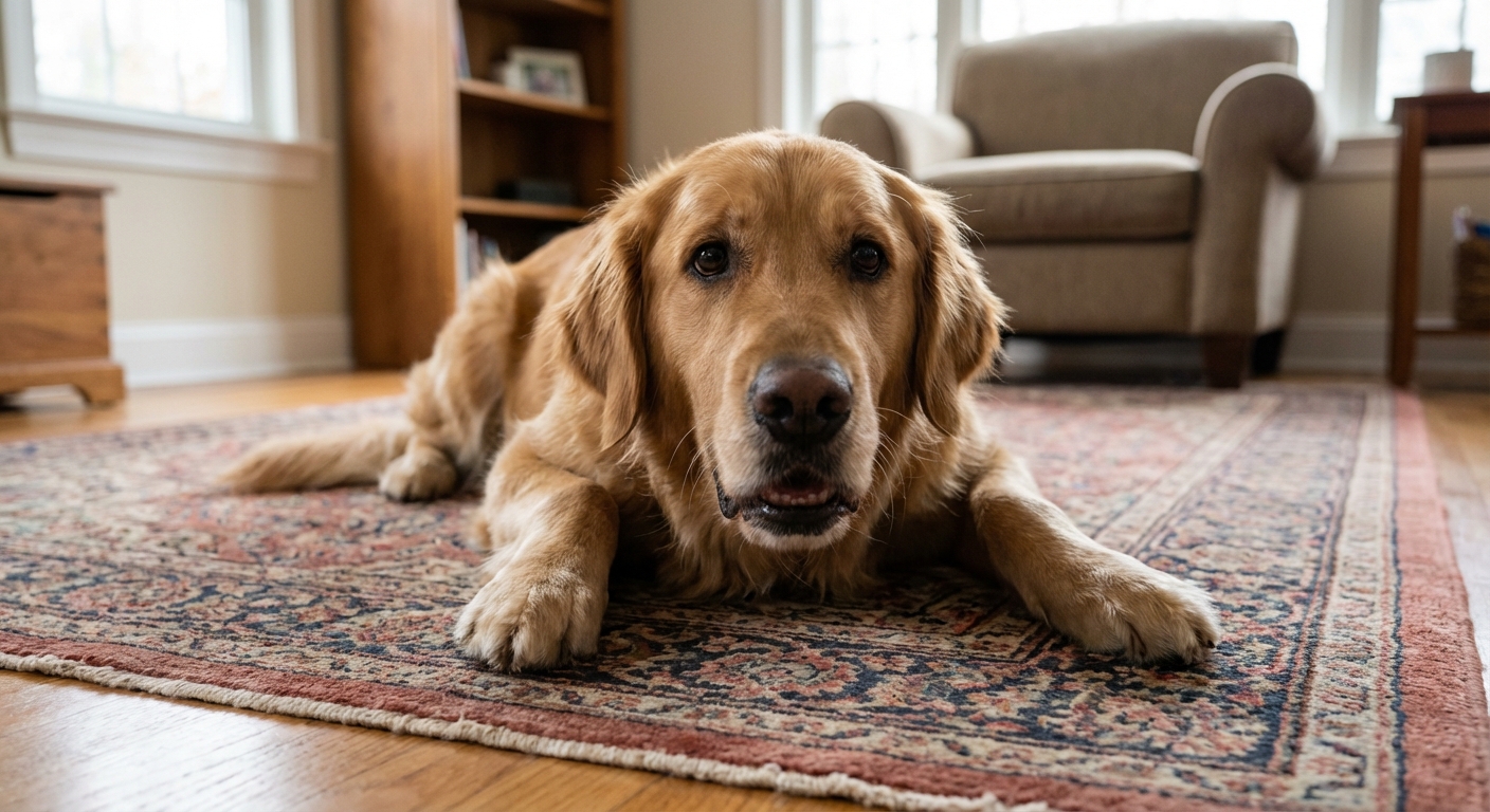 A real photo of a dog lying on a rug with ears slightly back and a concerned expression while looking toward the camera
