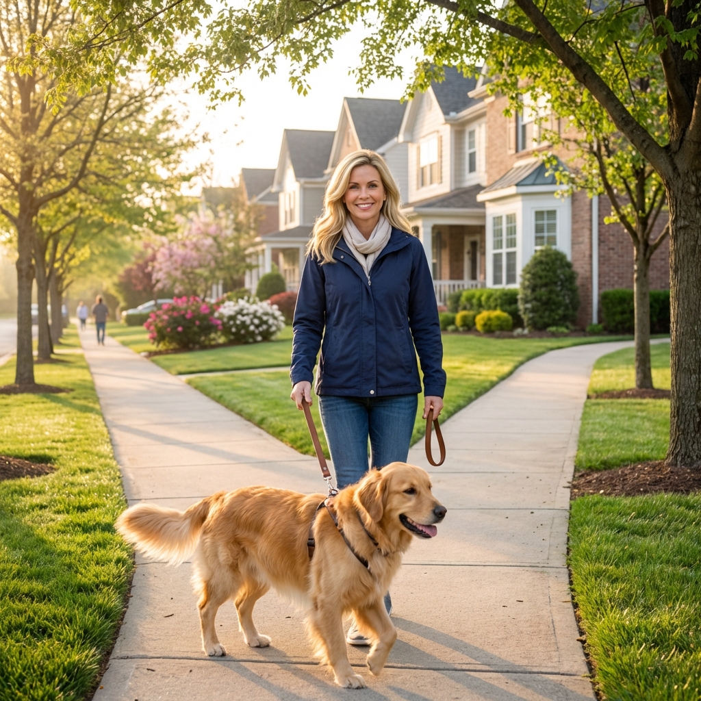 A real photo of a dog on a leash walking on a neighborhood sidewalk in morning light