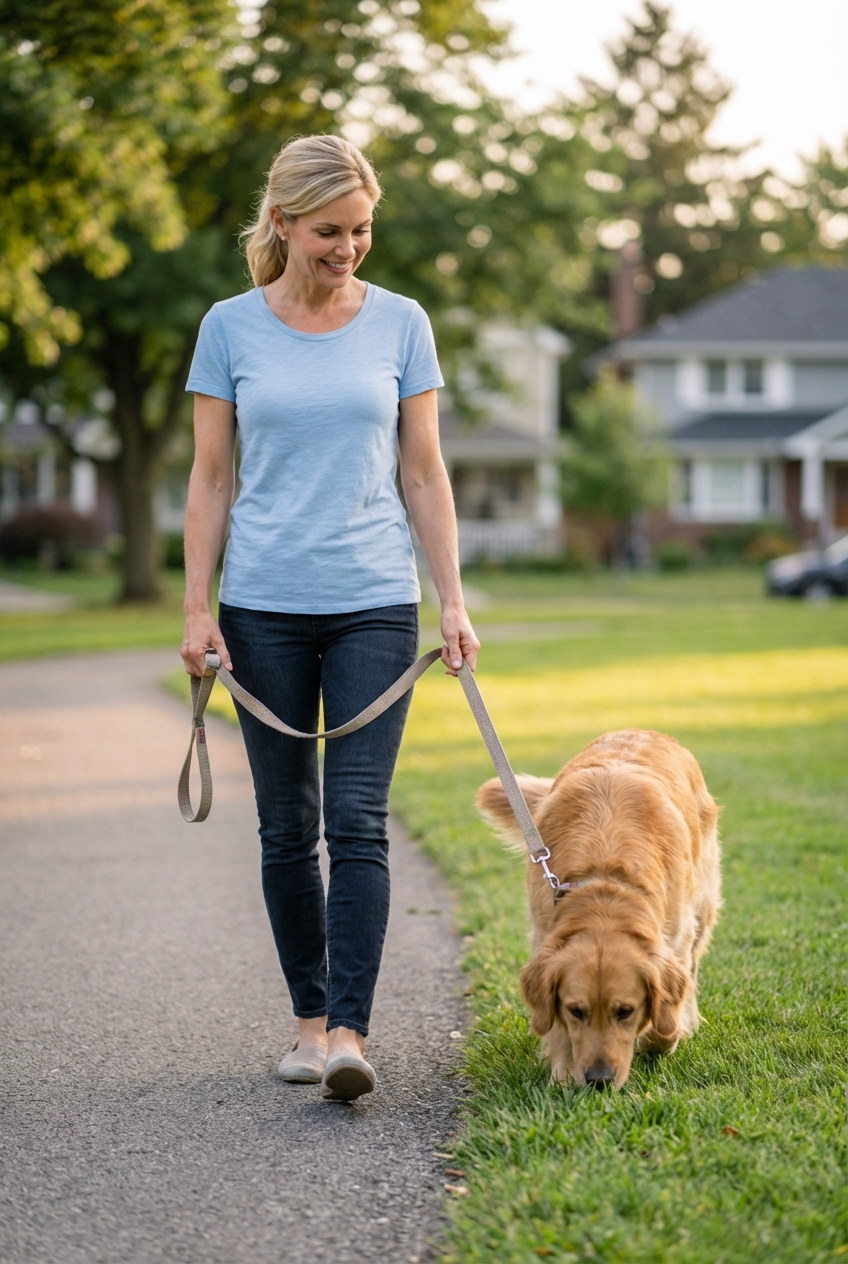 A real photo of a dog owner holding a leash while a dog stands near a patch of grass during a walk