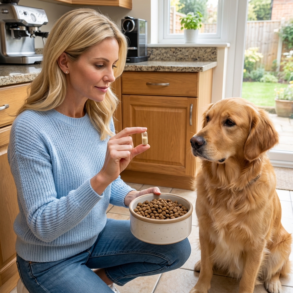A real photo of a dog owner holding a small capsule next to a dog food bowl in a kitchen