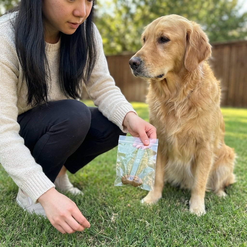 A real photo of a dog owner holding a small sealed bag while collecting a fresh stool sample outdoors on grass
