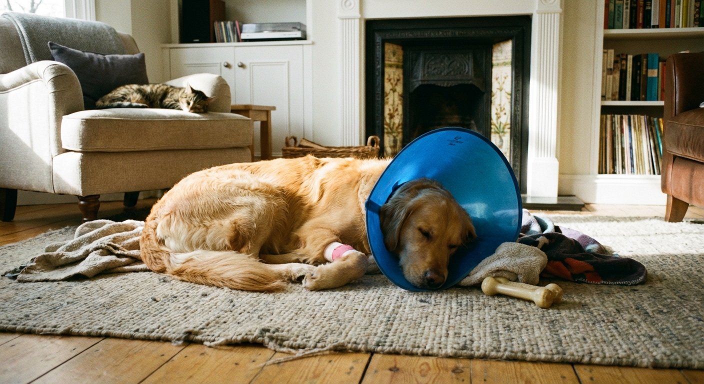 A real photo of a dog resting comfortably on a living room rug after a veterinary visit