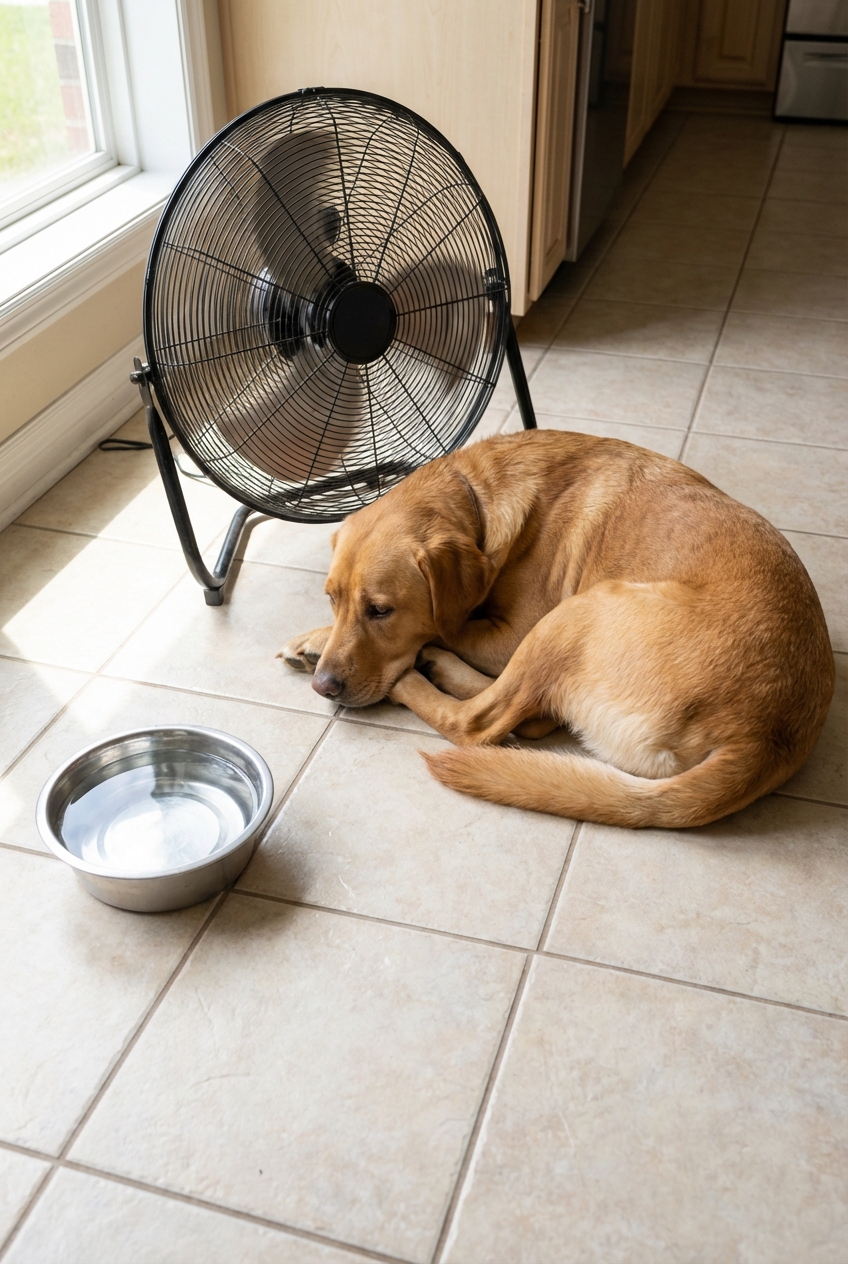 A real photo of a dog resting indoors near a fan on a tiled floor with a water bowl nearby