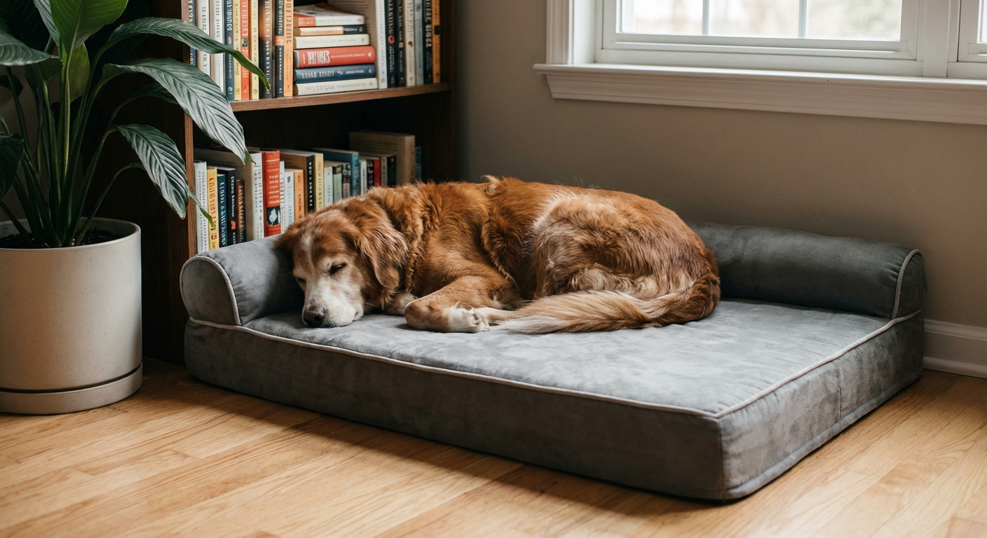 A real photo of a dog resting on a thick orthopedic-style bed in a quiet corner of a home