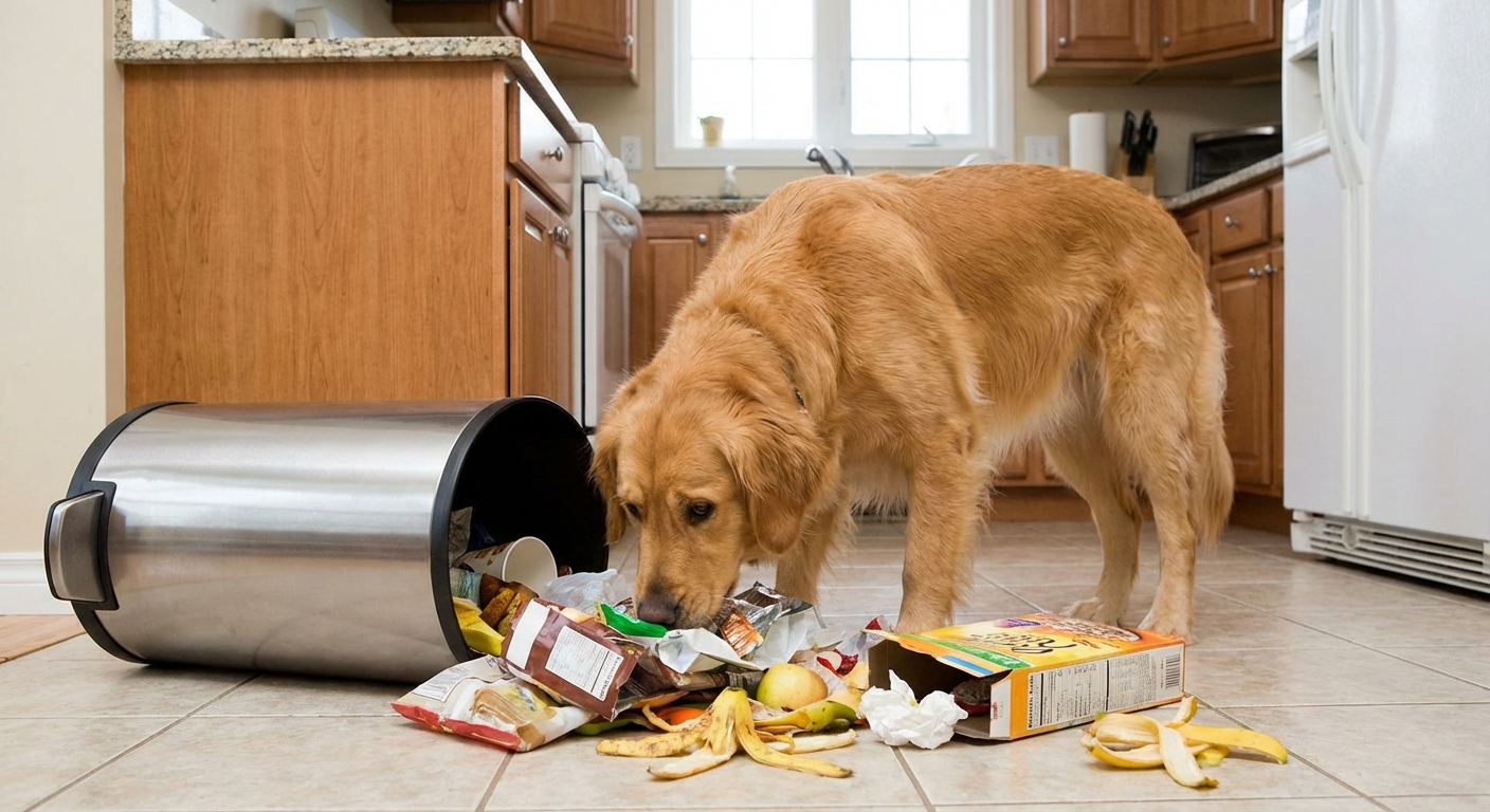 A real photo of a dog sniffing near a tipped-over trash can in a kitchen