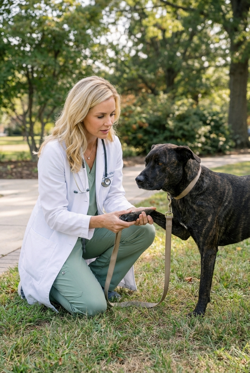 A real photo of a dog standing on a leash outdoors while a person gently lifts one paw to check the pads and toes